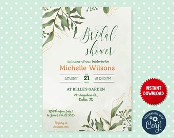 Green Motif Bridal Shower Invite Template, Garden Bridal Shower Invitation, Instant Download Printable Editable Wedding Card, MLN12