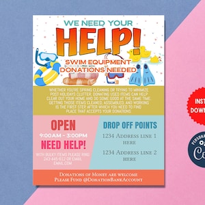 Editable Swim Equipment Donation Drive Flyer, New And Used Flyer, Swimming Fundraiser Printable Flyer, Donation Campaign, MLN165a
