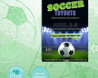 Soccer Tryout Poster, Printable Poster, Ads, Printable Editable Corjl Instant Download ERK8