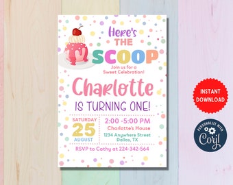 Editable Ice Cream Invitation for Girl, Pastel Colors, Ice Cream Party Celebration, First Birthday, Custom Invite, Instant Access, MLN162