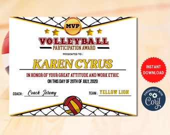 Volleyball Certificates Instant Download, Volleyball Award, Printable Girls VolleyballTeam Participation Awards, Sports Achievement MLN149