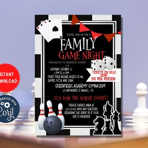 Sjabloon voor familiespelavond, uitnodiging voor familieevenement, sportthema familie-avondje uit, instant afdrukbare downloadkaart, MLN95
