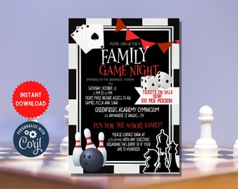 Family Game Night Template, Family Event Party Invitation, Sports Theme Family Night Out, Instant Printable Download Card, MLN95