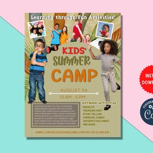 Kids Summer Camp Invite, A4 Flyer Template, School Event Flyer, Summer Camp Training, Summer Camp Flyer, Template Digital, MLN199