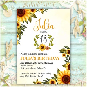 Invitación de cumpleaños, tema de verano floral de girasol, invitación a fiesta de cumpleaños, fiesta de verano, fiesta de acuarela, fiesta de cumpleaños floral JVN9