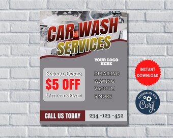 Puede incluir: Folleto promocional de servicios de lavado de coches. El diseño presenta las palabras "CAR WASH SERVICES" en negrita, con una combinación de colores rojo y amarillo. Incluye una oferta especial de 5 $ de descuento con el folleto, detailing, waxing, vacuum, y más.