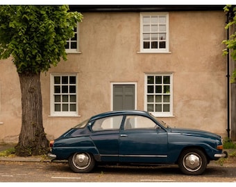 Vintage saab london street photography print – classic car wall art poster
