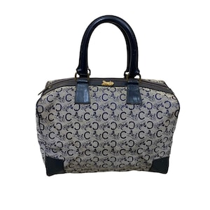 Bolso de mano estilo carruaje de caballos de Celine vintage, bolso Boston de lona y cuero azul marino