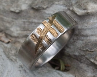 Mens and Womens wedding band, rustic titanium ring, handmade engagement band, 5th Anniversary ring, matt gold with matt silver color band