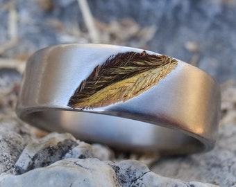 Mens and Womens wedding band, rustic titanium ring, Hand Carved Leaves Ring, handmade rugged wedding or engagement band, gold and blue