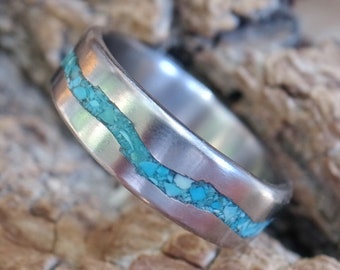 Turquoise Inlay Titanium Ring, Nature Turquoise Inlay stream band, 5mm-12mm, Handmade Mens and Womens wedding or engagement band