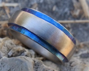 Mens and Womens wedding band, rustic titanium ring, handmade rugged wedding or engagement band, soft matte, blue with matt silver color