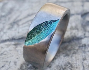 Mens and Womens wedding band, rustic titanium ring, Hand Carved Leaves Ring, handmade rugged wedding or engagement band, green with silver