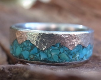 Mountain Range Ring, Nature Turquoise Inlay band,  rustic handmade engraving rocky textrue, Mens and Womens wedding or engagement band