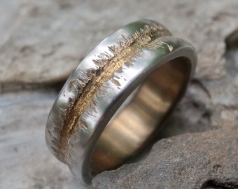 Mens and Womens wedding band, rustic titanium ring, handmade rugged wedding or engagement band, matt gold with matt silver color ring