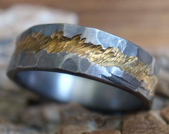 Hammered Mens and Womens wedding band, rustic titanium ring, handmade rugged wedding or engagement band, dark gray with dark gold version