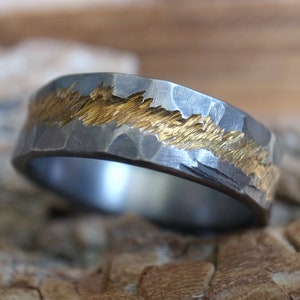 Hammered Mens and Womens wedding band, rustic titanium ring, handmade rugged wedding or engagement band, dark gray with dark gold version