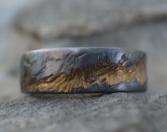 Mens and Womens wedding band, rustic titanium ring, handmade rugged wedding or engagement band, dark gold with dark gray color