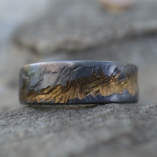 Mens and Womens wedding band, rustic titanium ring, handmade rugged wedding or engagement band, dark gold with dark gray color