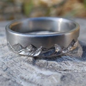 Mountain Range Ring, rustic titanium band, 5mm-12mm, handmade engraving mountain, Mens and Womens wedding or engagement band, Comfort Fit