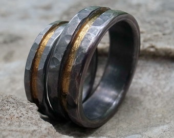 Hammered Wedding band set, rustic titanium ring set, handmade rugged wedding or engagement band, hammered wedding ring, mens and womens band