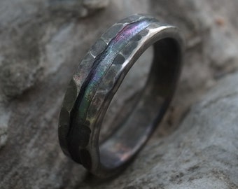 Hammered Mens wedding band, rustic titanium ring, dark gray, handmade wedding or engagement band, hammered wedding ring, classic rustic band