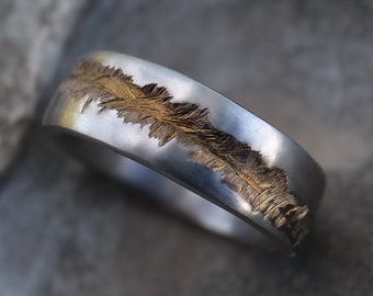 Mens and Womens wedding band, rustic titanium ring, handmade rugged wedding or engagement band, soft matte, dark gold with matt silver color