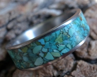Mens and Womens wedding band, Turquoise Inlay Titanium Ring, Nature Turquoise Inlay band, Handmade wedding or engagement ring, 5mm- 12mm