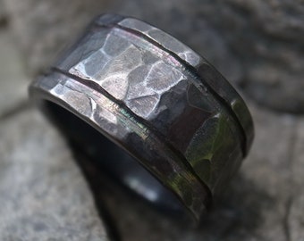 Hammered Mens wedding band, rustic titanium ring, double line wedding ring, handmade wedding or engagement band, classic rustic band