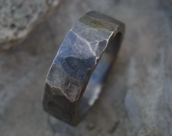 Hammered Womens wedding band, hammered wedding ring, rustic titanium ring, handmade wedding or engagement band, heated to gold color of side