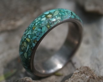 Turquoise Inlay Titanium Ring Band, Nature Turquoise Inlay. Domed Turquoise titanium band
