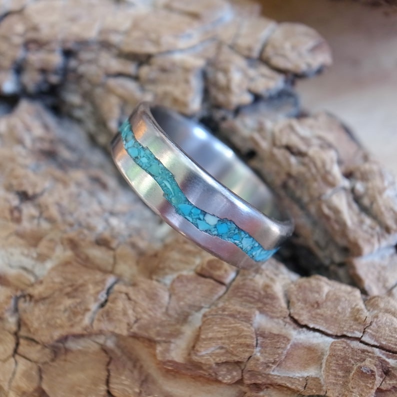 Turquoise Inlay Titanium Ring, Nature Turquoise Inlay Stream Band, 5mm ...