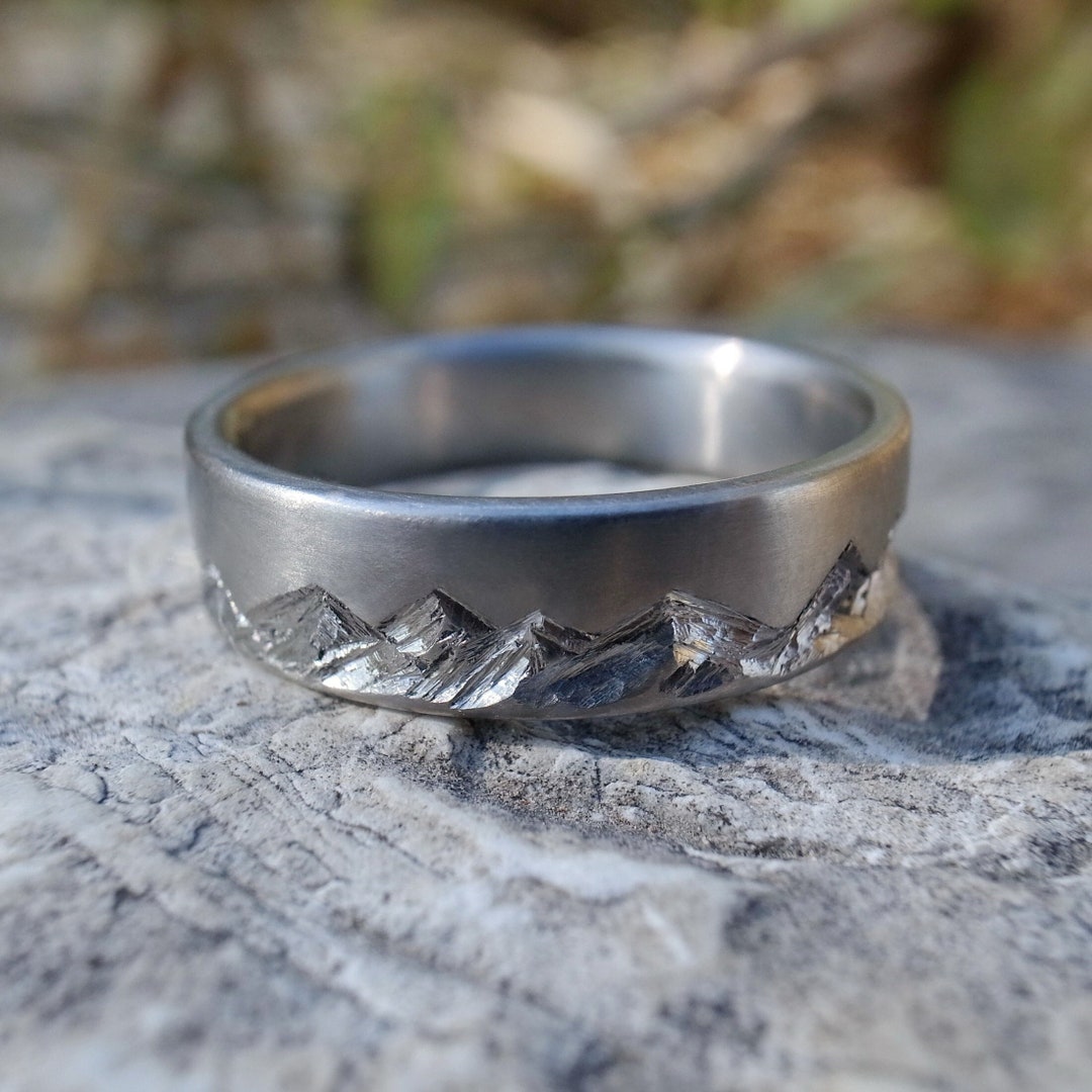Mountain Range Ring, Rustic Titanium Band, 5mm-12mm, Handmade Engraving ...