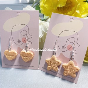 Biscuit cookie cream best wishes love earrings dangle bakery food novel novelty