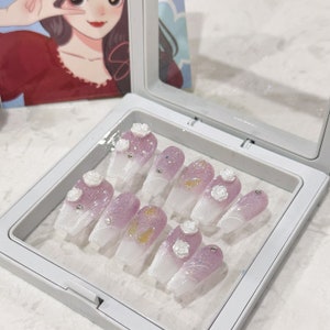 Press on nails Acrylic press on nails reusable handmade manicure fake nails purple gradient rose gems cute