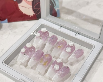 Presse sur les ongles Presse acrylique sur les ongles manucure à la main réutilisable faux ongles violet dégradé rose gemmes mignon