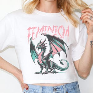 Feminism Dragon Fantasy Crop Top, Cropped T Shirt, Death Metal Feminist T-Shirt, Feminist Retro Graphic Tee, Trendy Vintage Dragon Shirt