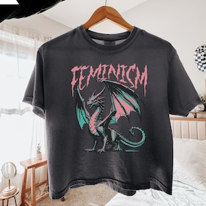 Feminism Dragon Boxy T-Shirt, Comfort Colors Cropped Tee, Death Metal Feminist Retro Graphic Boxy Crop Top, Vintage Dragon Meme Festival Tee