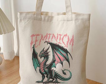 Feminism Tote Bag, Retro Cotton Canvas Gift Funny Feminist Fantasy Dragon Women's Empowerment Gift For Her Vintage Graphic Humour Tote Bag