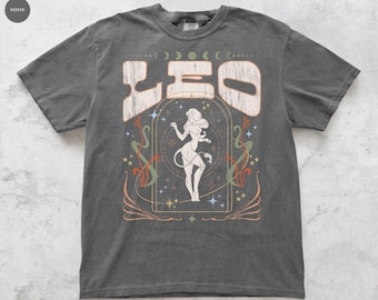 Leo Sternzeichen T Shirt, Comfort Farben, Retro 70er Jahre Jugendstil Leo Astrologie Unisex Leo Geburtstagsgeschenk Celestial Boho Vintage ästhetik T Shirt