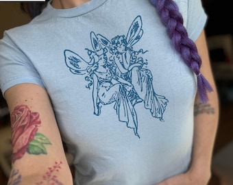 Medieval Fairies Baby Tee, Fairycore Whimsical Shirt, Retro Graphic T-Shirt, 90s Y2K Tattoo Dark Academia Fantasy Boho Trendy Faerie Tee