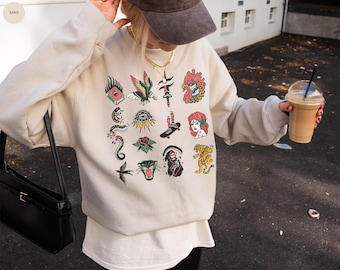 Vintage Tattoo Sweatshirt, Retro Crewneck, Vintage Graphic Gift Old School Tattoo Grunge Aesthetic Tiger Grim Reaper Streetwear Shirt