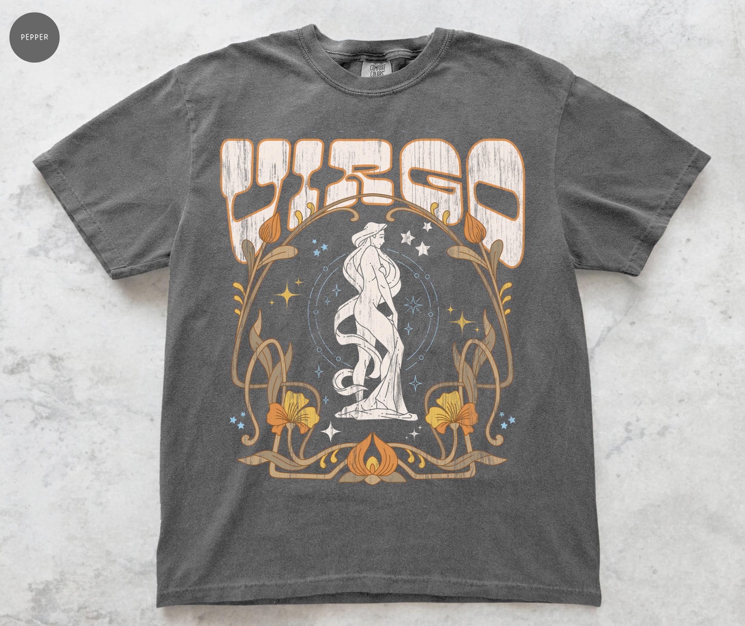 Virgo Zodiac Comfort Colors T Shirt, Retro 70s Art Nouveau Virgo