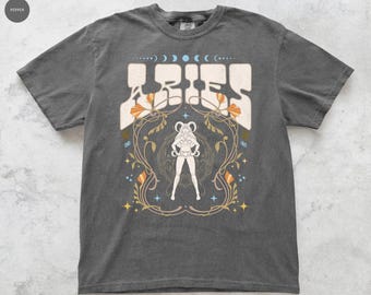 Aries Zodiac T Shirt, Comfort Colors, Retro 70s Art Nouveau Aries Astrology Tee, Aries Birthday Gift, Celestial Star Sign Gift, Aries Shirt