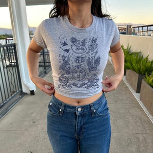 May include: A gray crop top with a crew neck and short sleeves. The shirt features a dark blue graphic print of celestial and mythical creatures. The person in the image is wearing blue jeans.