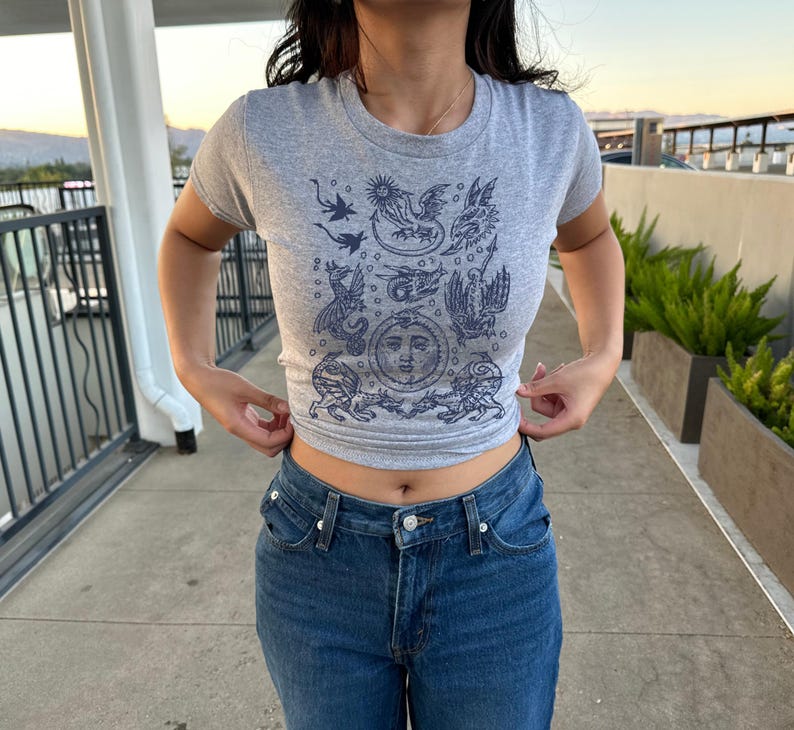 May include: A gray crop top with a crew neck and short sleeves. The shirt features a dark blue graphic print of celestial and mythical creatures. The person in the image is wearing blue jeans.