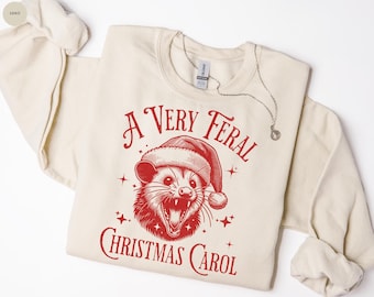 Very Feral Christmas Carol Sweatshirt, Christmas Shirt, Retro Santa Clause Opossum Shirt, Funny Ugly Christmas Party Shirt, Possum Christmas