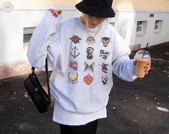 Vintage Tattoo Sweatshirt, Retro Crewneck, Vintage Graphic Gift Old School Tattoo Grunge Aesthetic Tiger Grim Reaper Streetwear Shirt