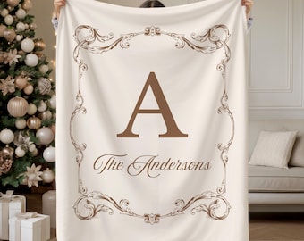 Cobertor personalizado com nome de família, cobertor com iniciais de família barrocas, cobertor personalizado com sobrenome, presente de aniversário de casamento, presente de Natal para mães