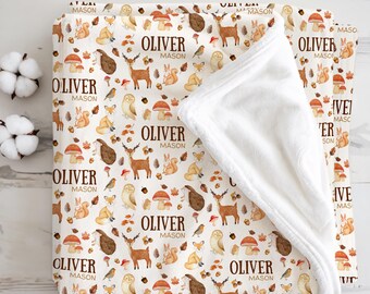 Personalisierte Namensdecke, Waldtier-Decke, Geschenk für Baby Jungen, rustikale benutzerdefinierte Namensdecke, Baby-Weihnachtsgeschenk, Kinderzimmer-Decke